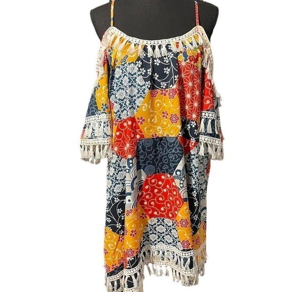 Boho patchwork off shoulder dress with fringe hem. 2XL