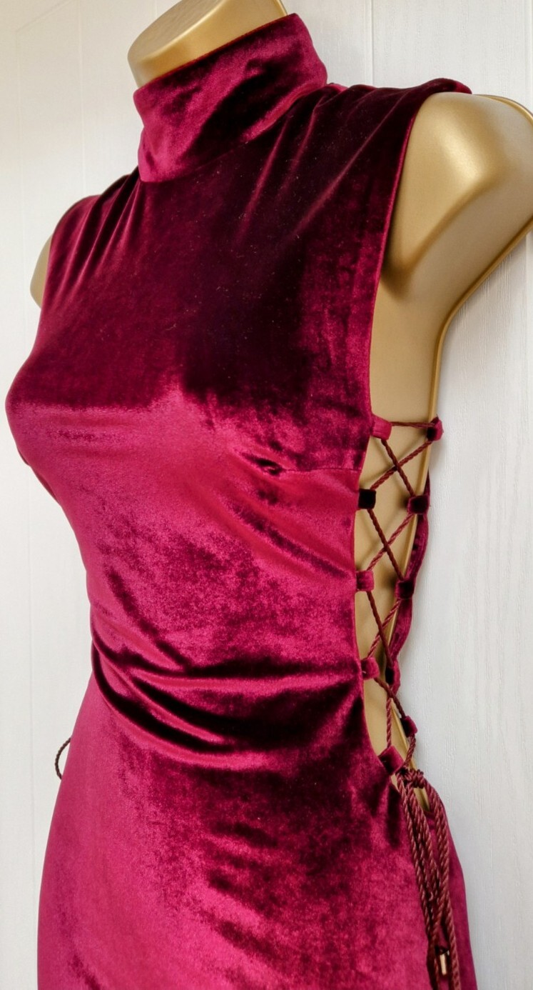 HOUSE OF CB Sukina Mulberry Velvet High Neck Laced Mini Evening Dress S UK 8 10