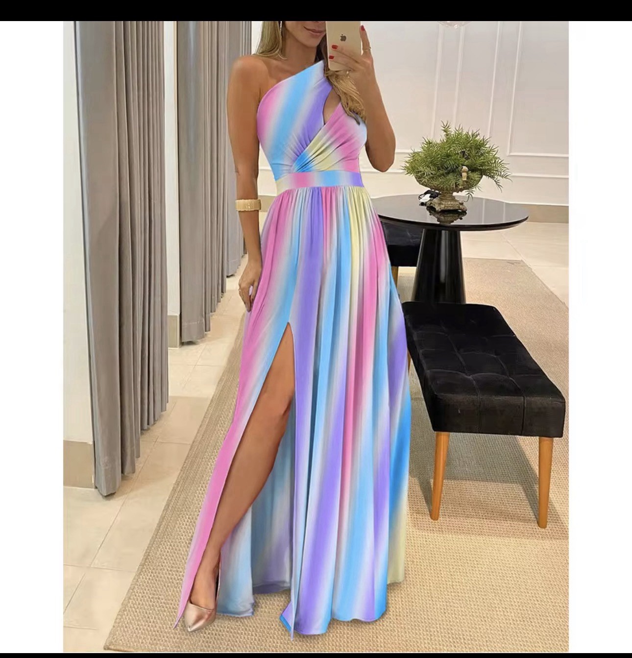 Women’s Rainbow One Shoulder Maxi Dress Summer Beach Vacation Wedding Guest