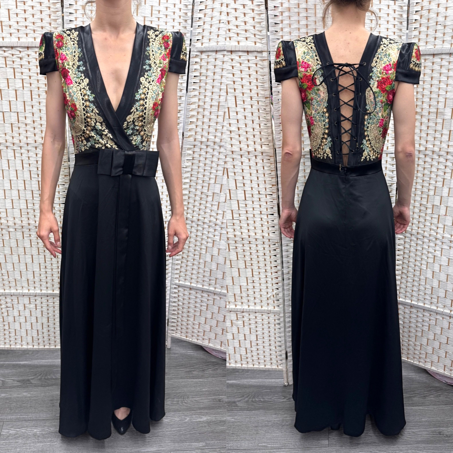 Michal Negrin Elegant Full Length Black And Floral Dress Size – 38 – NWT #