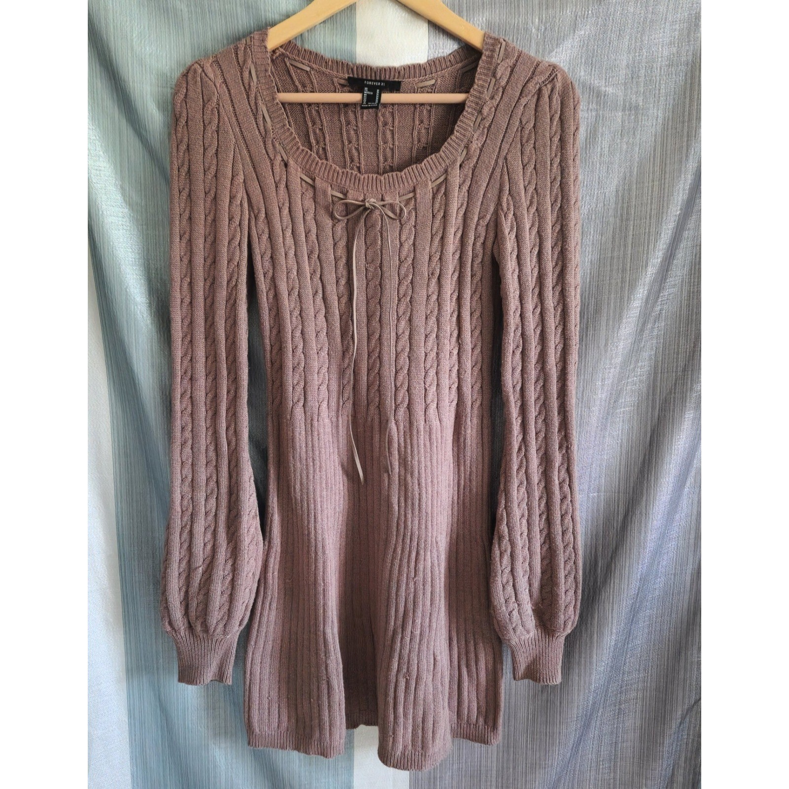 Mauve Brown Cable Knit Lantern Sleeve Sweater Dress M Light Academia Coquette