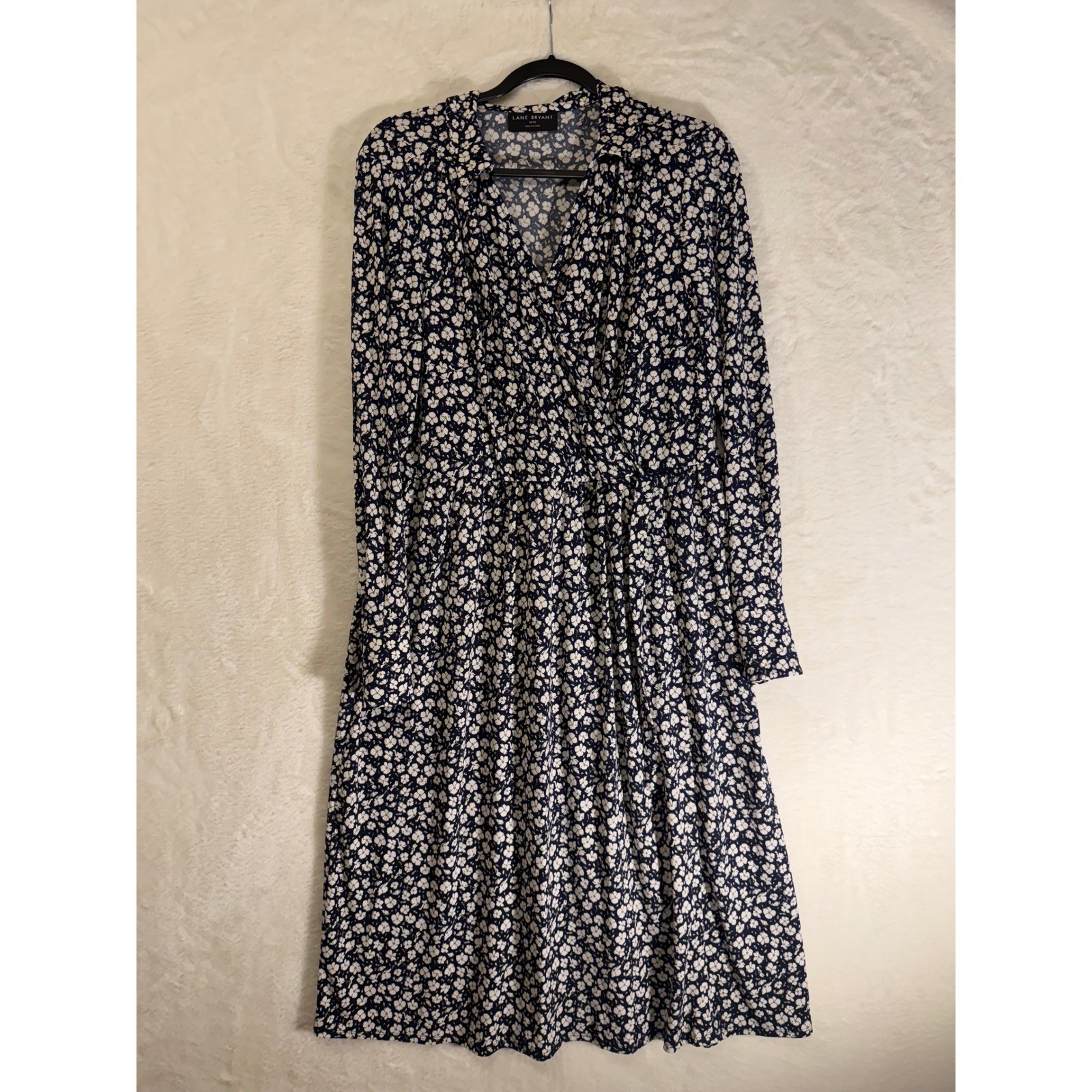 Lane Bryant Floral Faux Wrap Dress Womens 18/20 Navy Blue Long Sleeve Midi