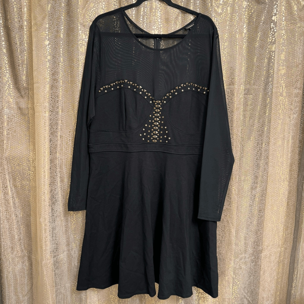 Torrid Black Long Sleeve Mesh Studded Rhinestone Skater Dress 3X 22-24