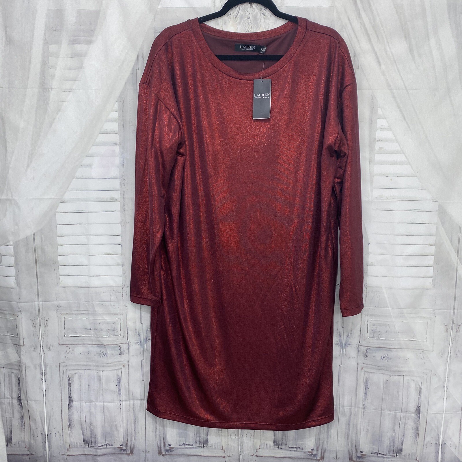 Ralph Lauren Large Solid Burgundy Red Shimmer Jersey Shift Dress Oversized B33
