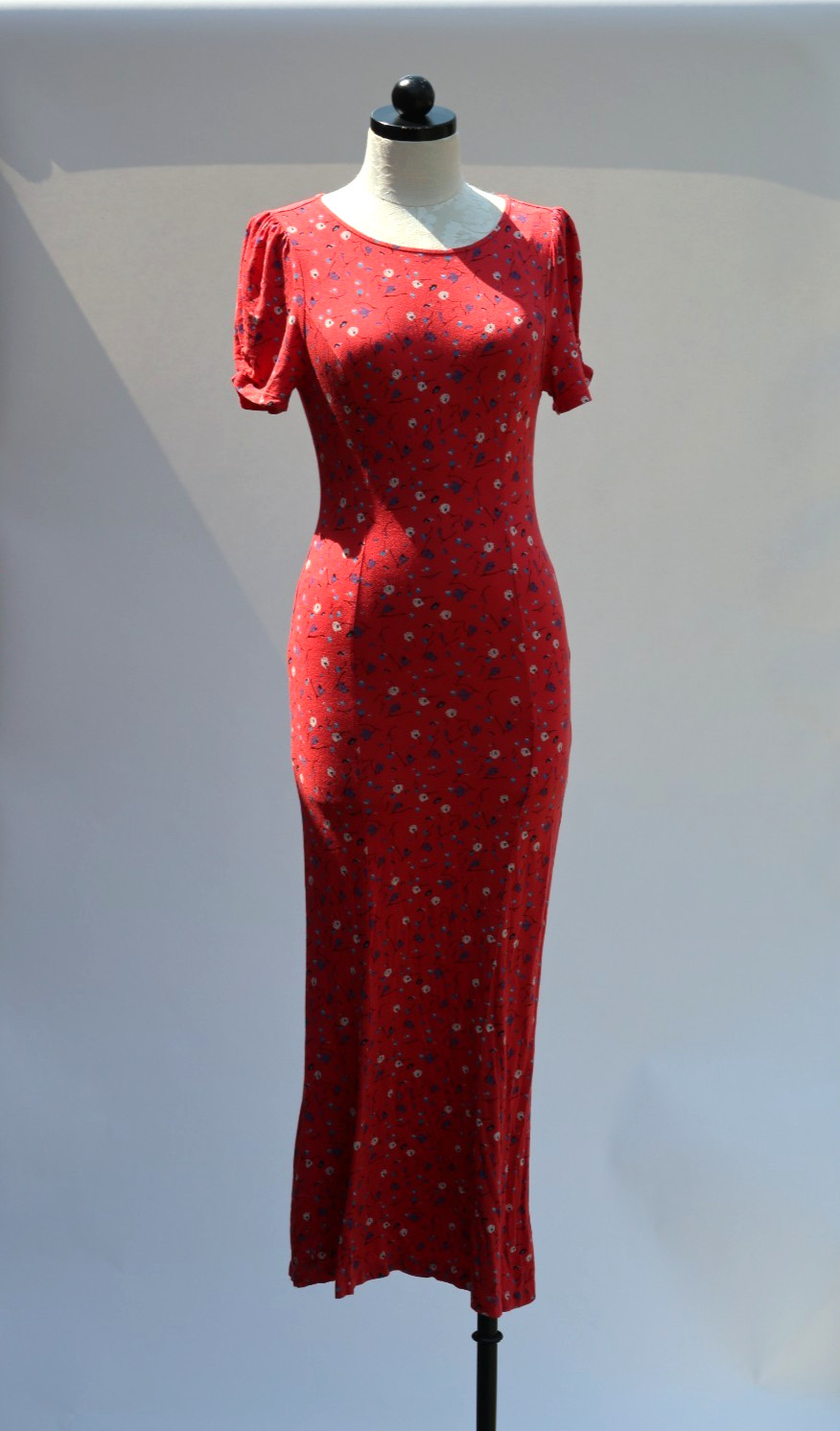 Free People Red Rayon Stretchy Jersey Floral Bodycon Tshirt Maxi Dress Women S