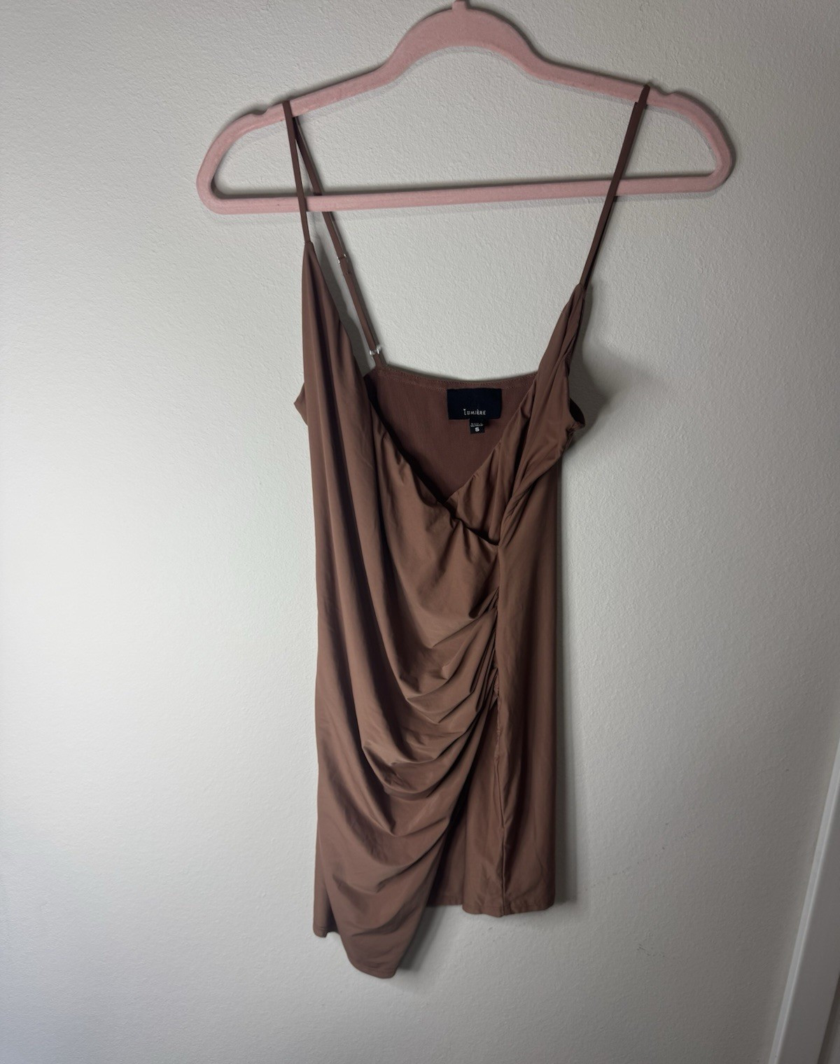 Lumiere Brown Solid Ruched Adjustable Mini Dress V-Neck Sleeveless S