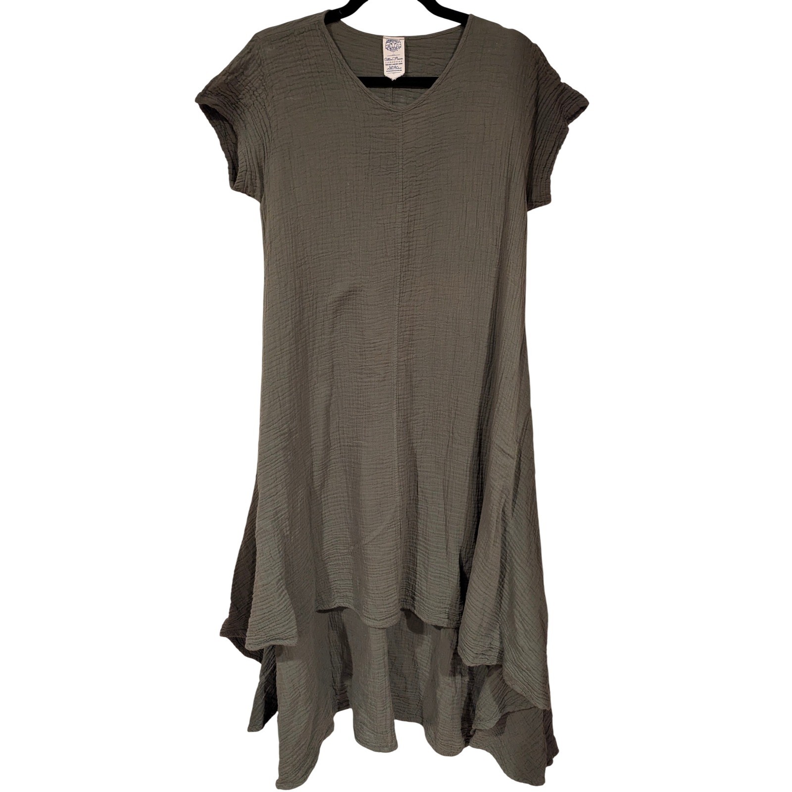 Cotton Flower Dress OS Olive Green Gauze Handkerchief Hem Boho Lagenlook Artisan