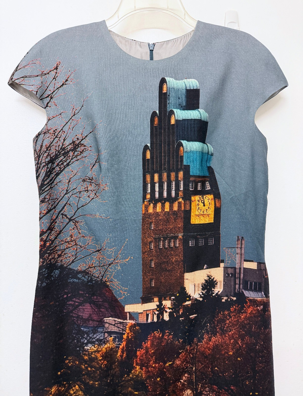 Akris Wedding Tower Building Print Wool Dress Darmstadt Germany Trees Clock 8