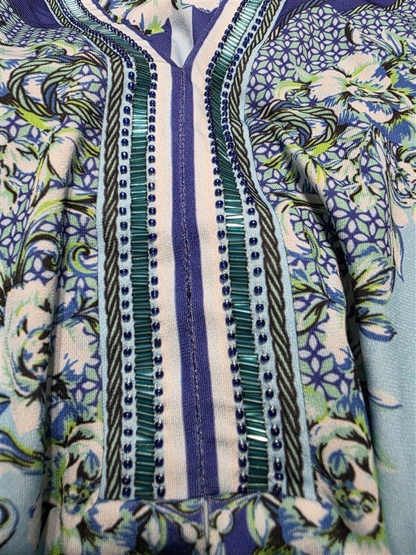 NWOT Hale Bob S Jersey Baroque Roses Scarf Print Dress Beaded V Neck 133687