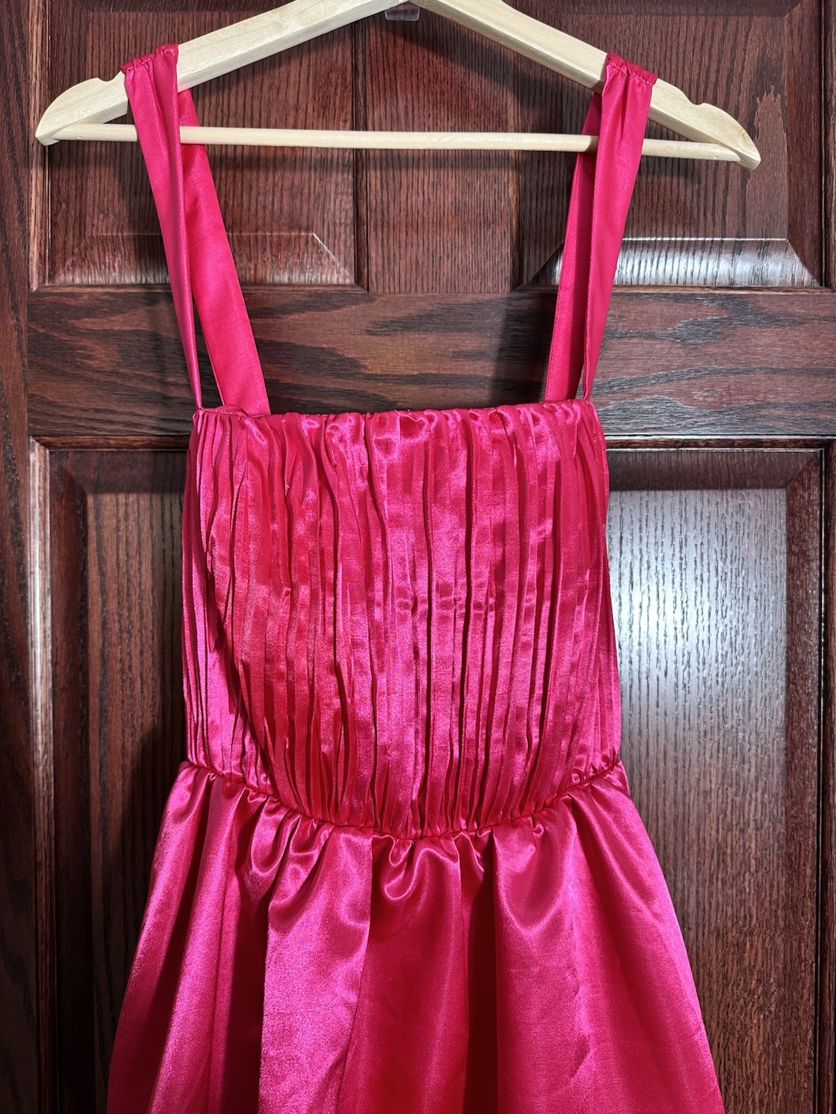 Anthropologie Satin Fit Flare Formal Dress Hot Pink Pleated Bow Back Sz 10 NWT