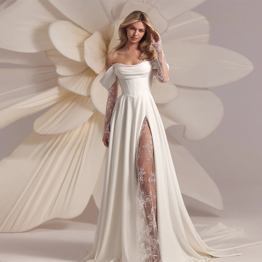 Strapless Tight Corset 3/4 Lace Sleeves Wedding Dress A-line Satin Bridal Gown