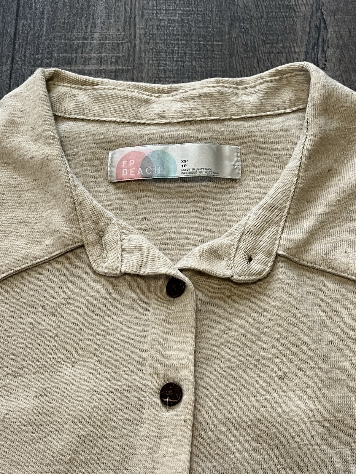 Free People Beach Linen Blend Smocked Cuff Button Down Shirt Dress Oatmeal XS