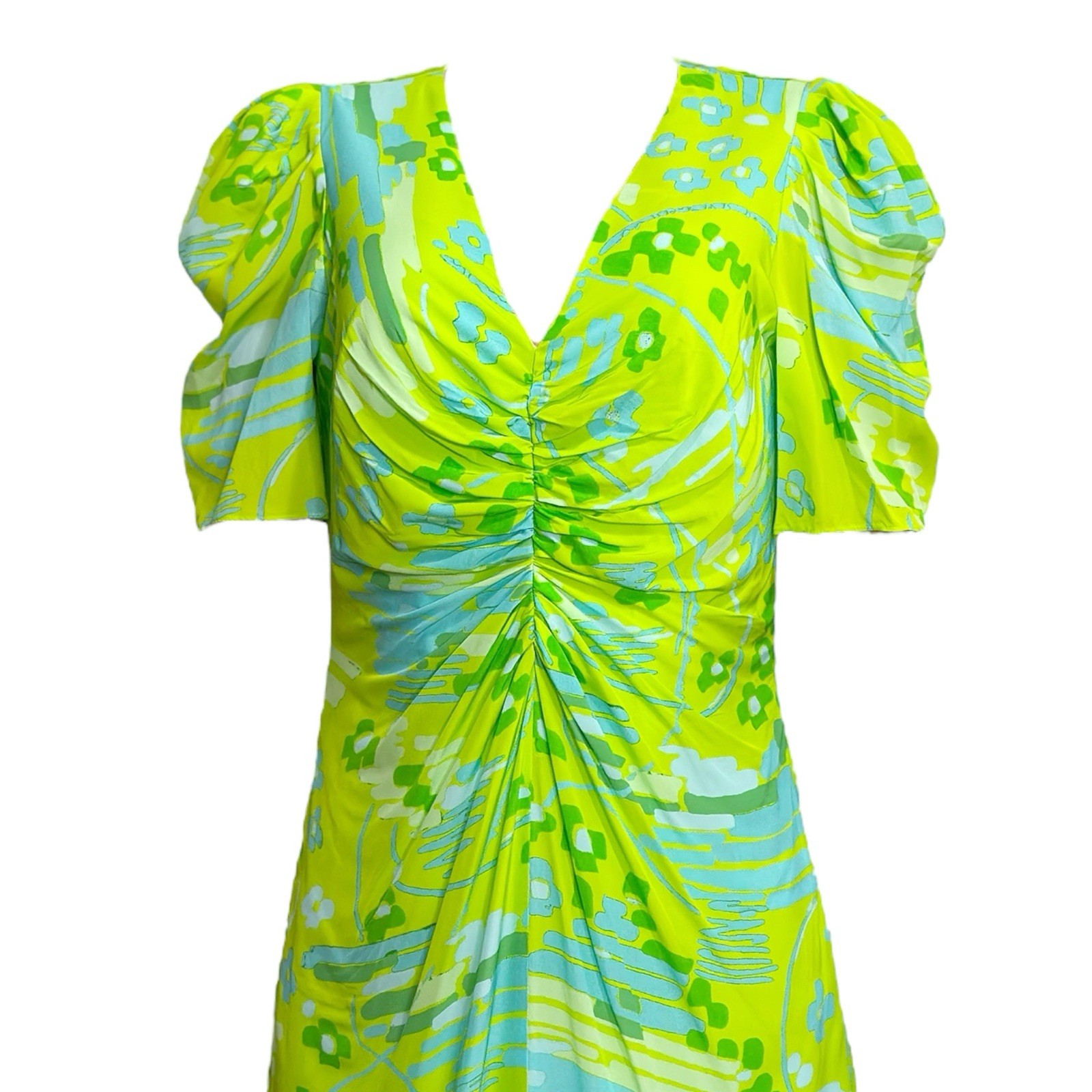 $450 NWT RHODE Maci Geometric Puff Sleeve Midi Dress, Electric Eden, 8 (US)