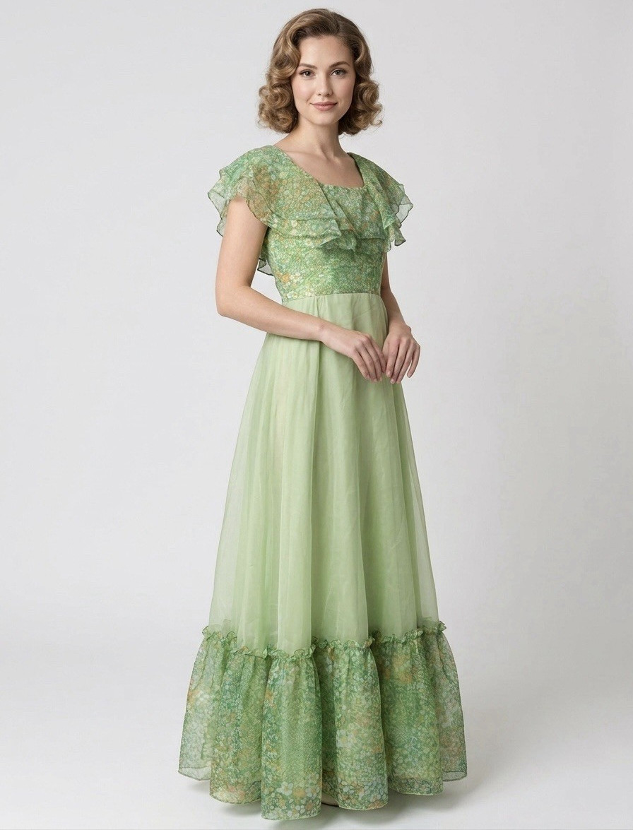 Lorrie Deb Green Floral Chiffon Maxi Dress Square Neck Ruffle Size 4
