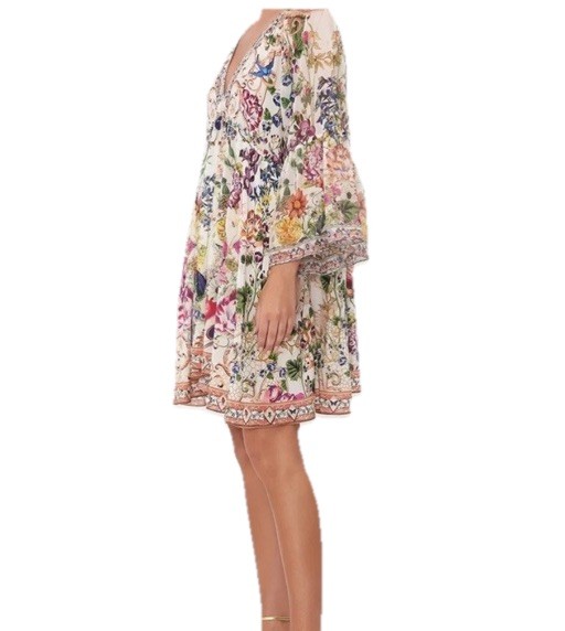 Camilla Dress Size S-M Oversized Queens Bee Hive Floral Flared Sleeve 100% Silk