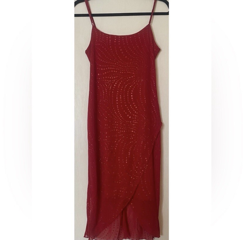 Vtg City Triangles Sequin Glitter Mesh Dress Red Women’s
