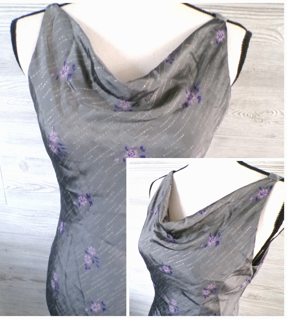 Y2k Midi cowl Dress 8 Gray Purple floral Metallic Fairy Fairygoth Whimsigoth vtg