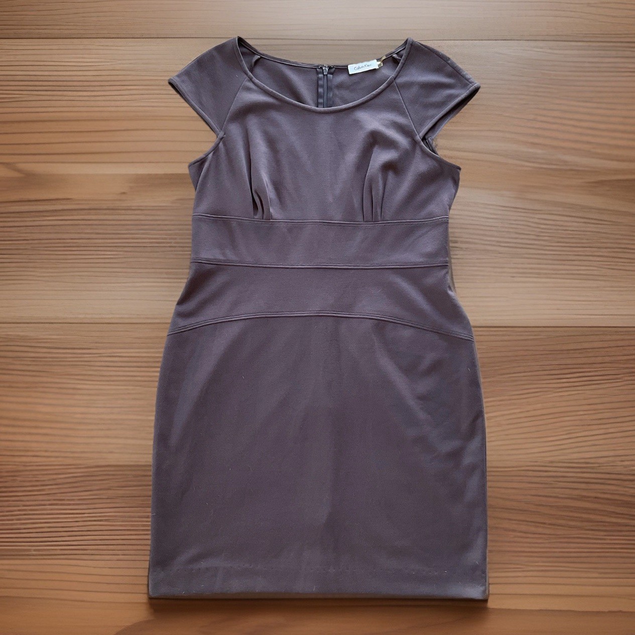 CALVIN KLEIN Sz 14 Brown Sheath Fitted Pleated Dress Cap Sleeves Career Business