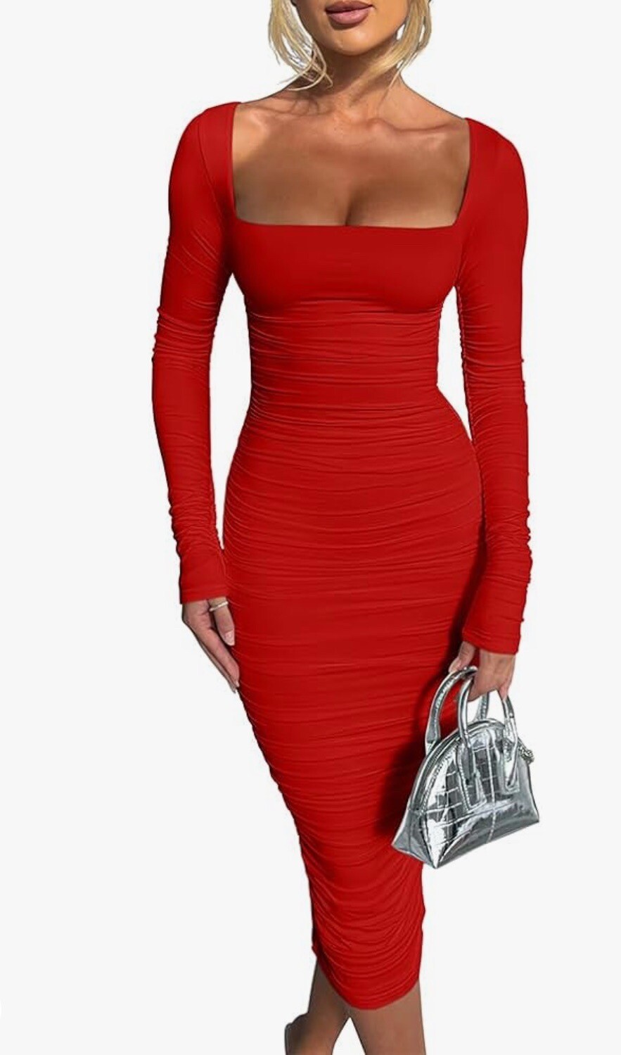 BEAGIMEG Women’s Sexy Bodycon Long Sleeves Ruched Square Neck Party Club Mididre