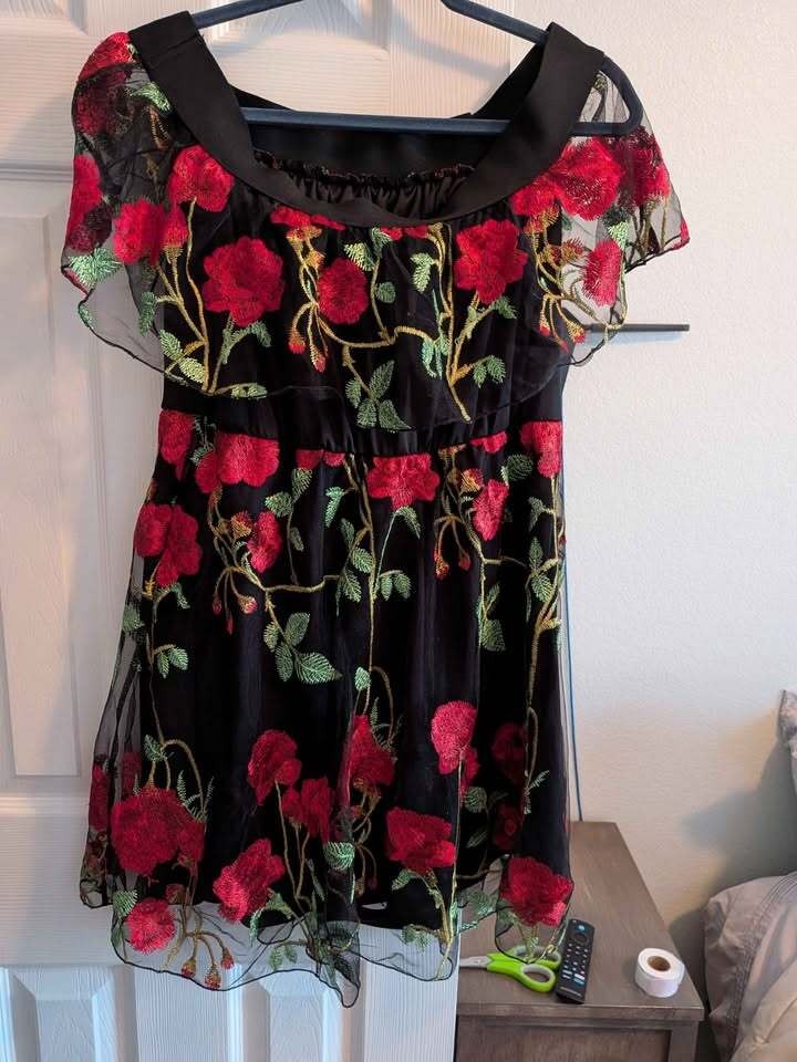 SHEIN Women’s Black Off-the-Shoulder Floral Embroidered Mesh Dress, Size XL