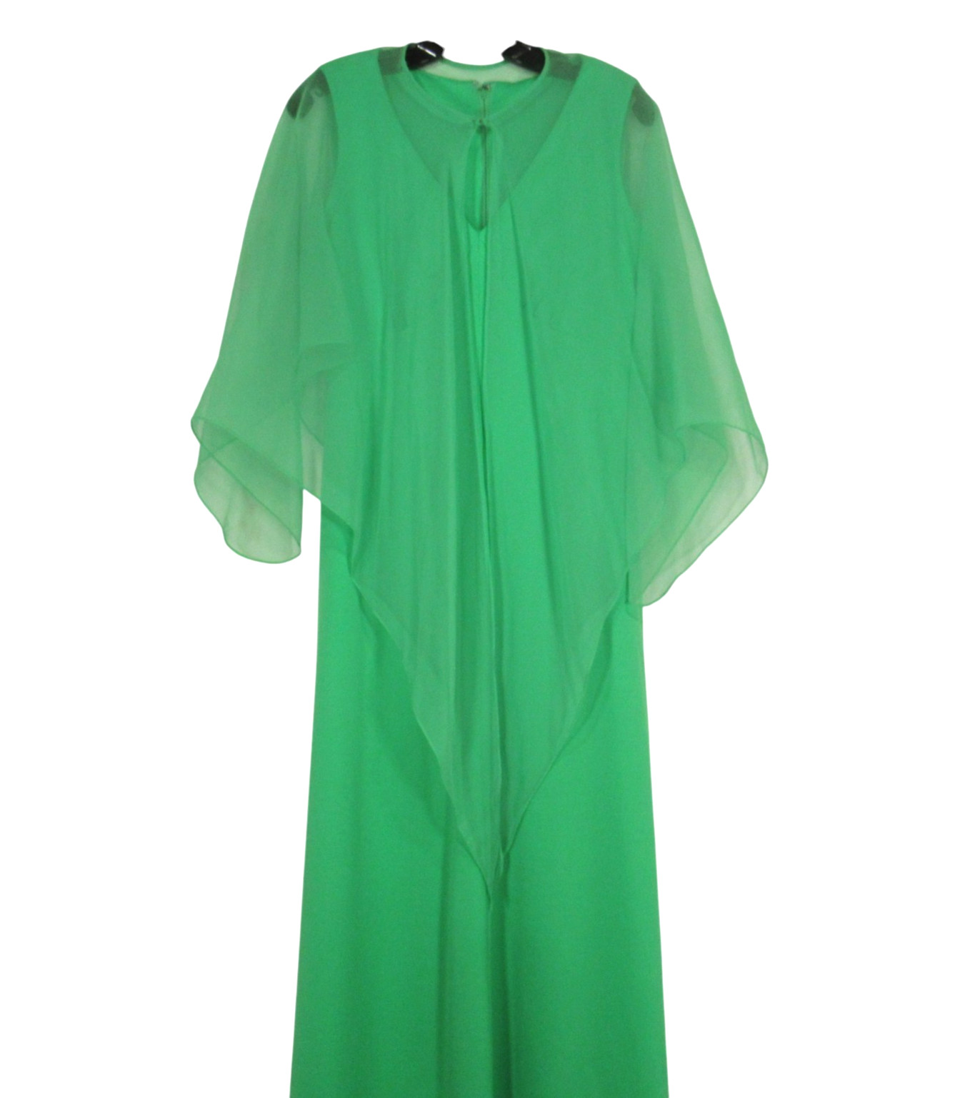 VTG 70’s Green POLY-KNIT Zip DETACHABLE CHIFFON CAPE Zip EVENING MAXI DRESS Sz S