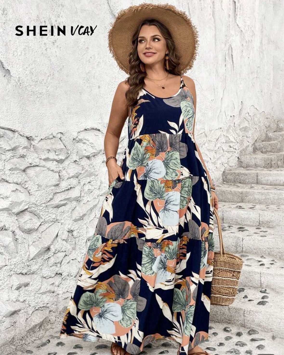 SHEIN VCAY Navy Tropical Floral Maxi Sundress V-Neck Sleeveless Pockets XL