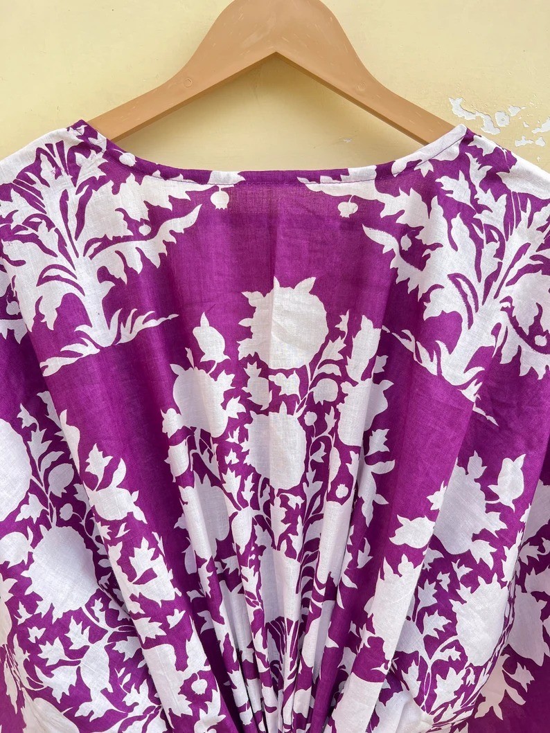 Indian Purple Floral Handmade Cotton Kaftan Maxi Dress Women’s Clothing Gown US
