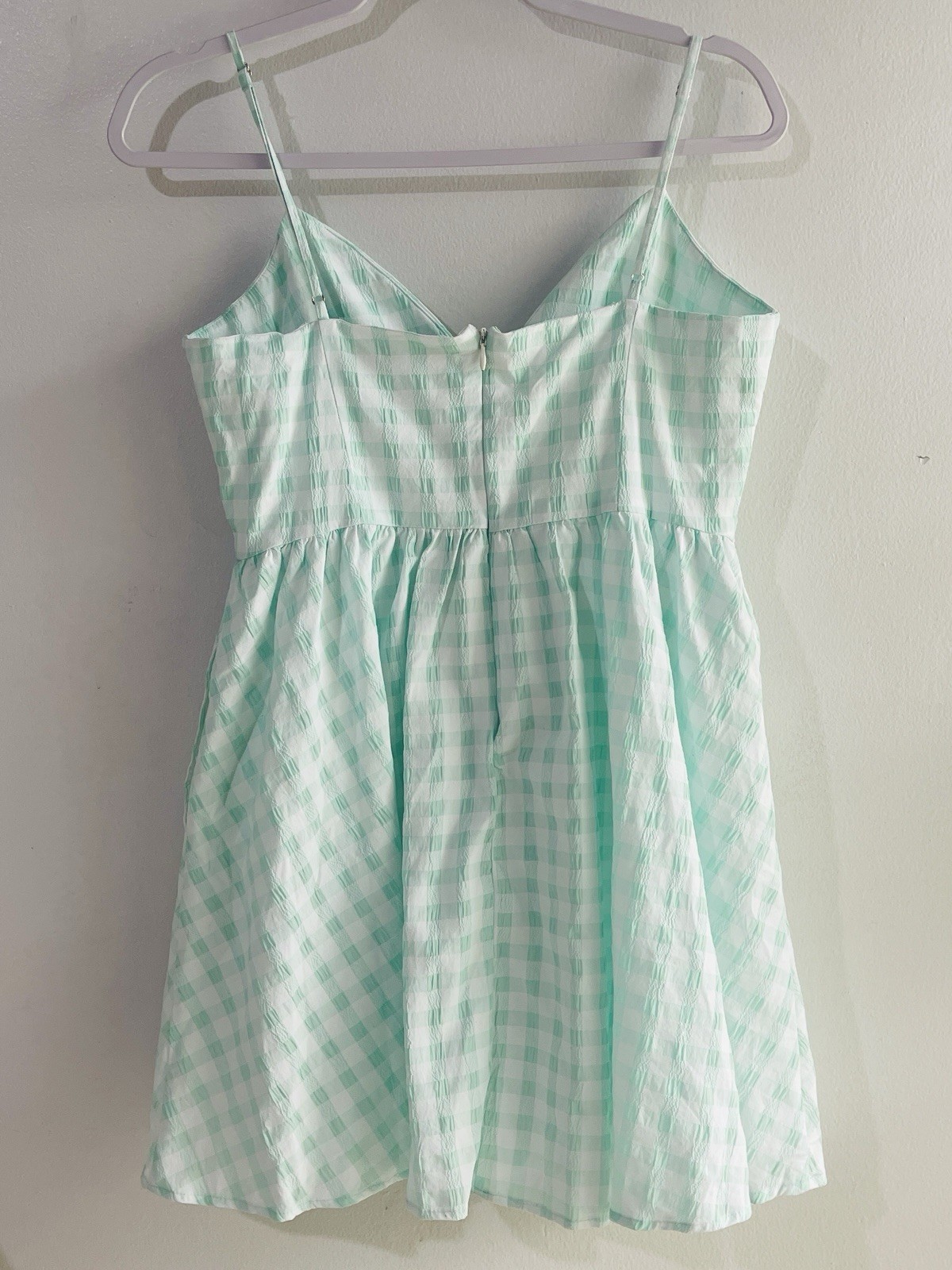ZARA Mint Green Gingham Beaded Mini Dress M Seersucker Floral Bust Cami Pockets