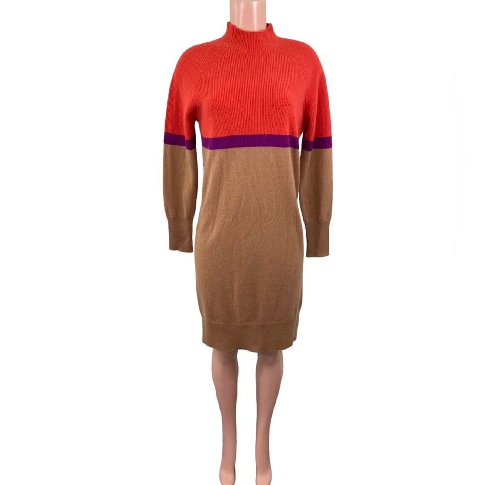 NWT LUSSO CASHMERE 100% Cashmere Sweater Dress MEDIUM Pumpkin Blaze Colorblock