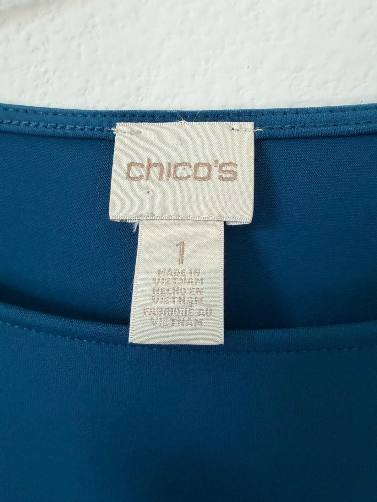 Chico’s Split 3/4 Sleeve Round Neck Teal Blue Stretch Dress Women’s Size 1 (M)