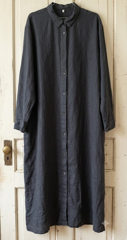 Muji Size XXL 100% Linen Maxi Dress Long Navy Blue Pockets Button Minimalist