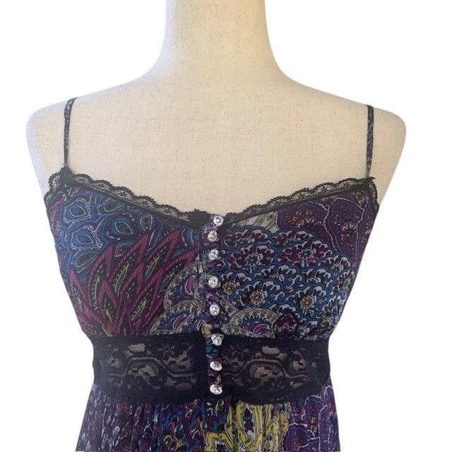 Paisley Patchwork Maxi Dress M Boho Tiered Lace Gypsy Indie Folk Whimsigoth