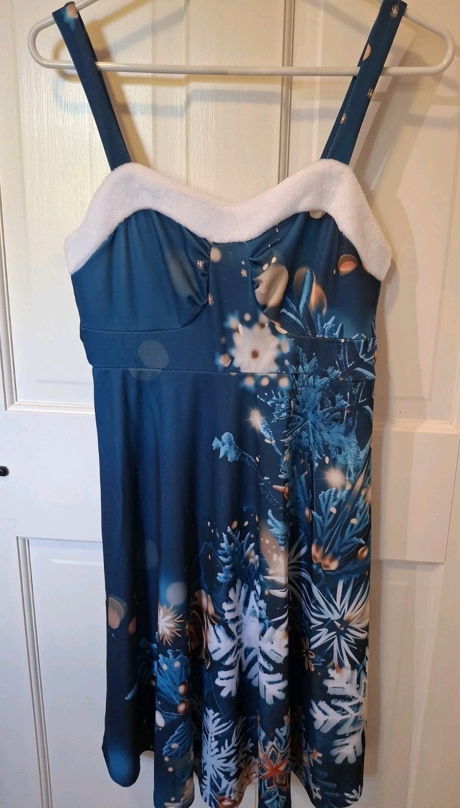 Midressfo Women’s M Blue/W Winter Theme Holiday Mini Dress Straps Faux Fur Trim