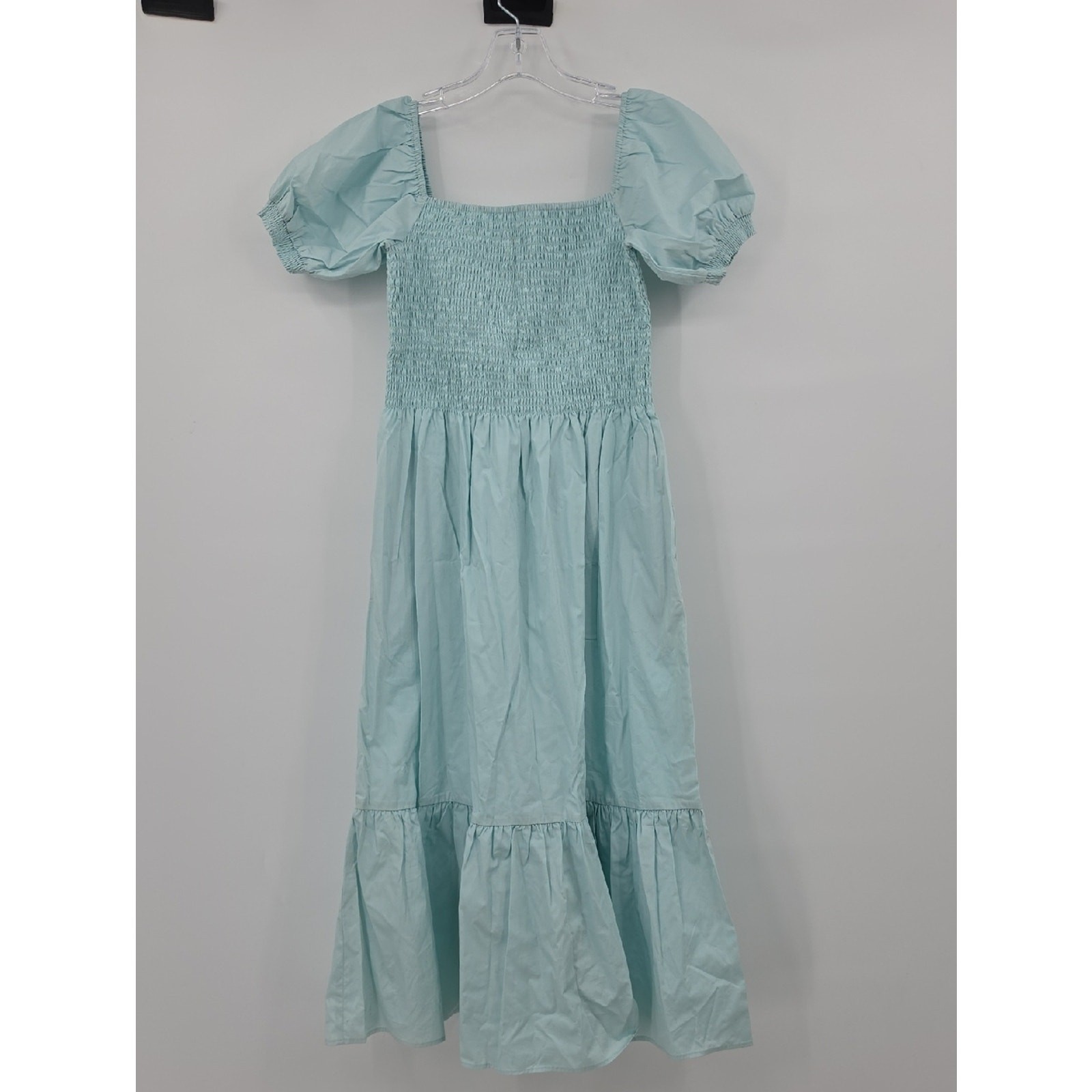 OPT Tight Blue Smocked Puff-Sleeve Midi Dress Size L