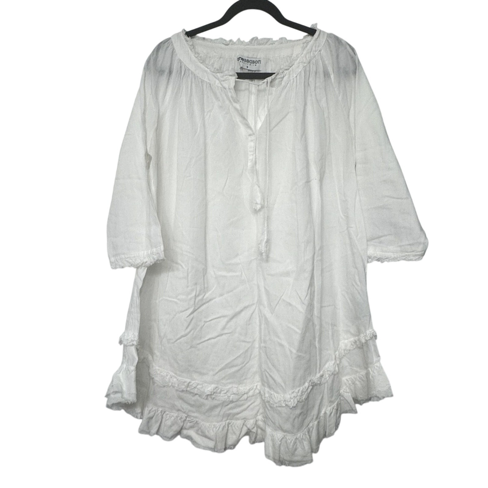 One Season White Cotton Cottage Fairy Prairie Boho Peasant Babydoll Mini Dress S