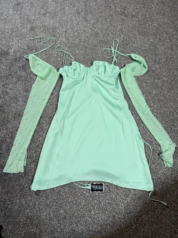 Oh Polly Mint Green Satin Mini Dress Beaded Mesh Sleeves UK 10 Corset
