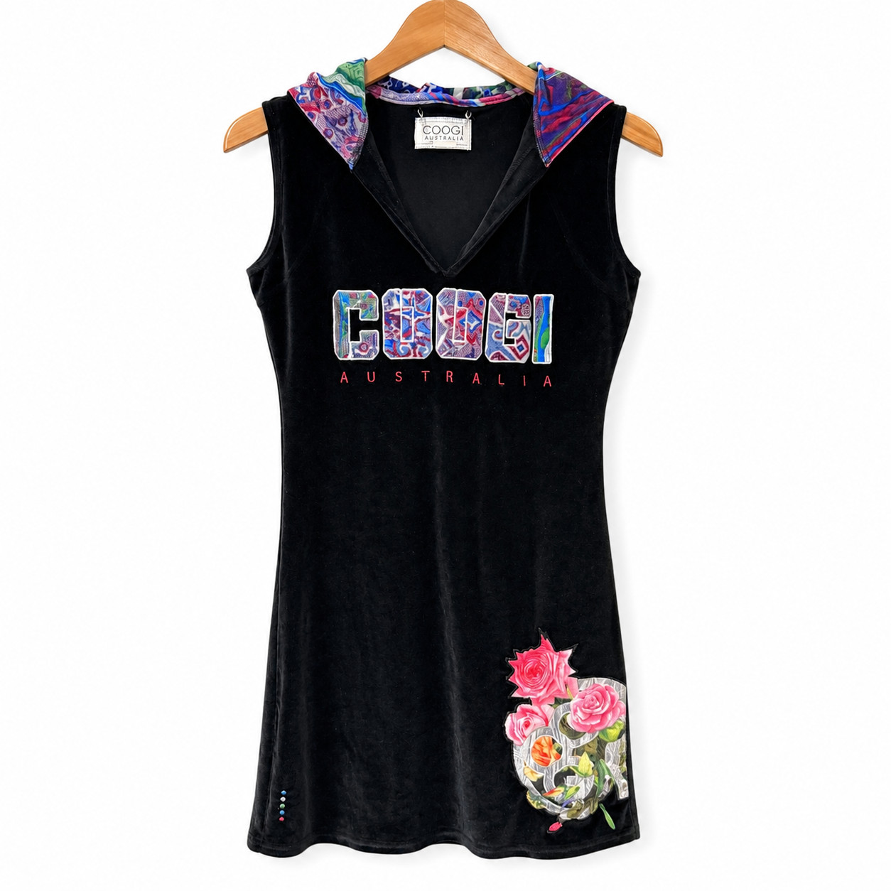 Vintage COOGI Velour Hooded Mini Dress M Black Embroidered Logo Australia Y2K