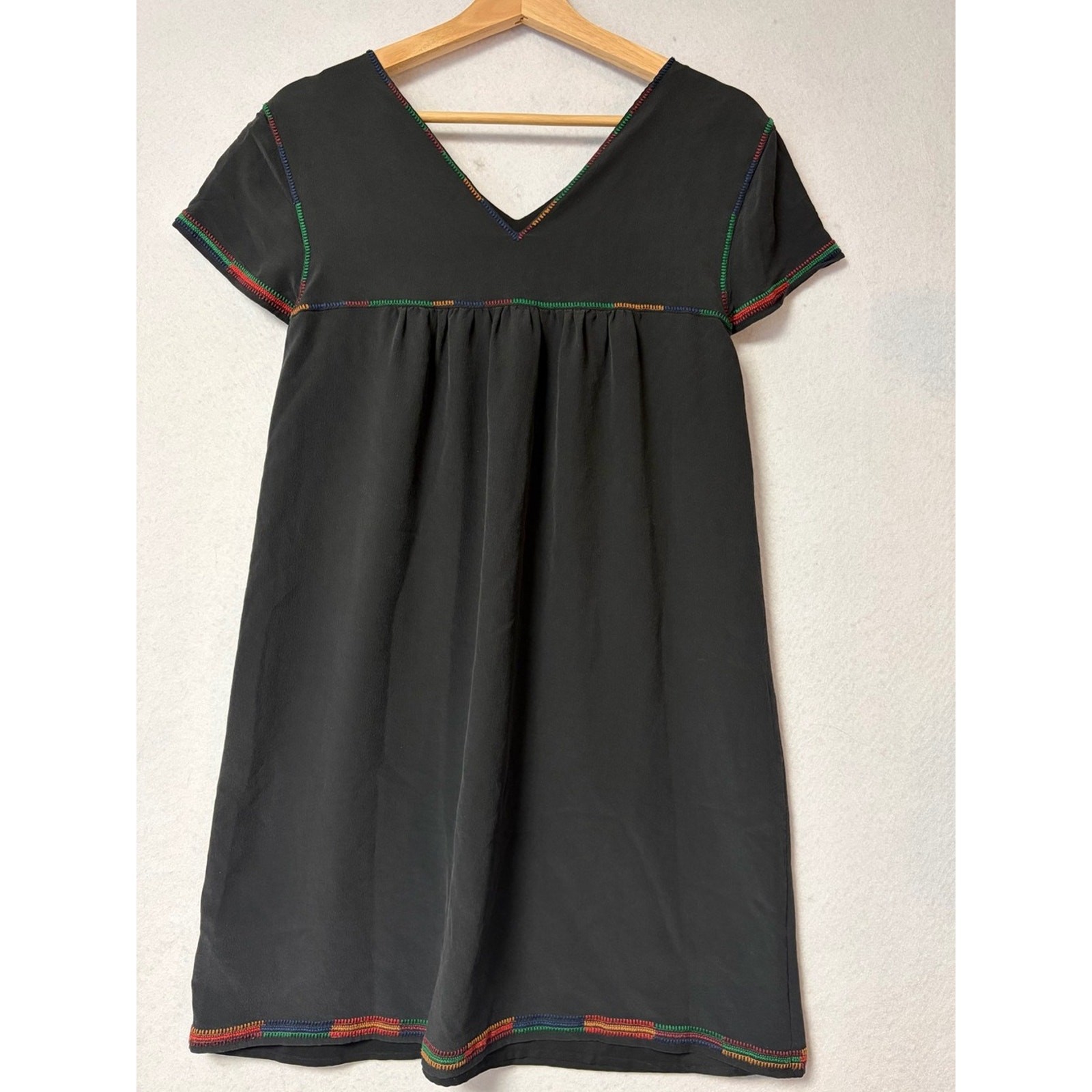 Madewell 100% Silk Embroidered Shift Dress Black Multicolor Boho Artisan Small