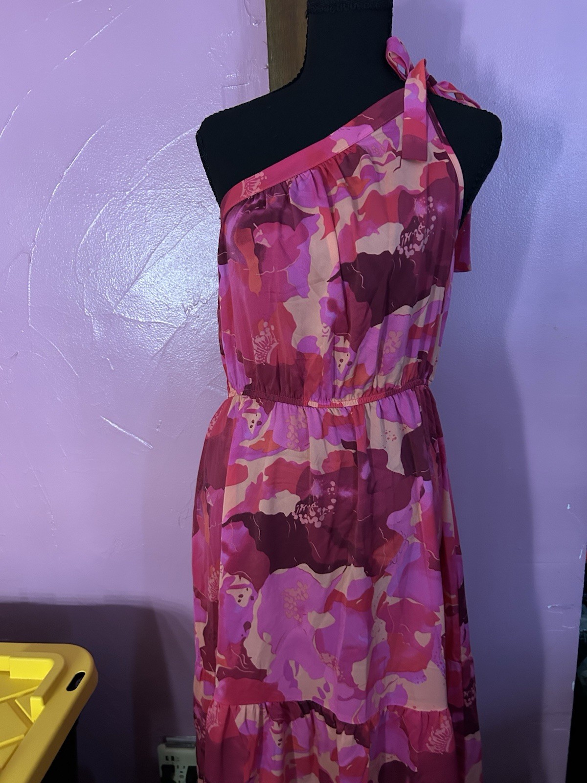 PrettyGarden One Shoulder Tie Strap Abstract Print Maxi Dress, Pink Purple, M
