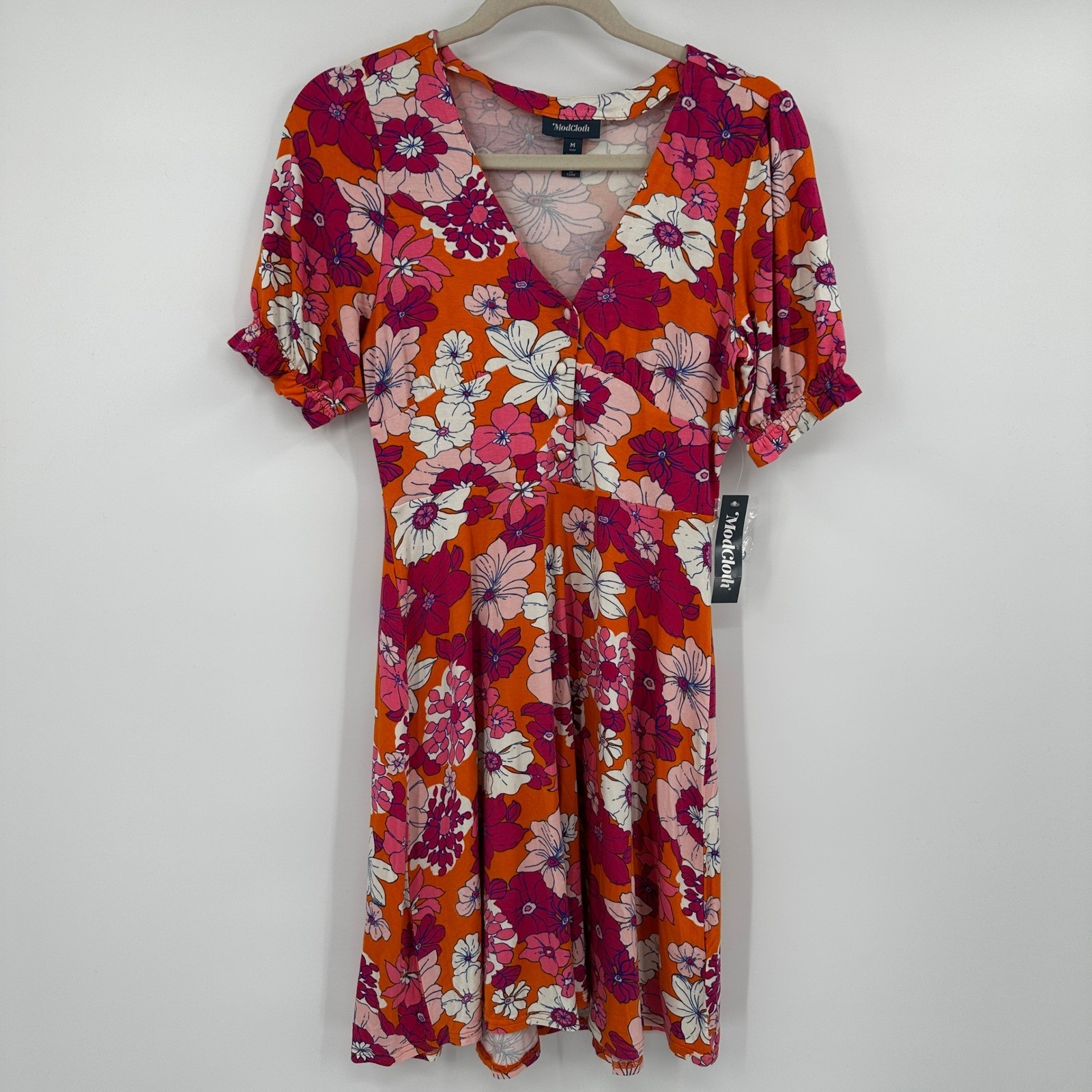 ModCloth Orange Pink Floral V-Neck Puff Sleeve Mini Dress Medium NWT