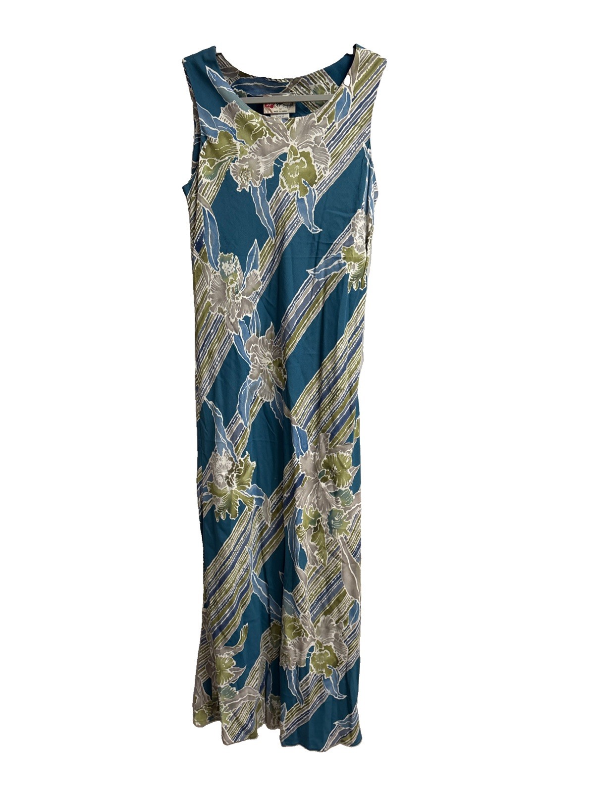 Vintage Hilo Hattie Hawaiian Maxi Dress Teal Tropical Palm USA Size Medium