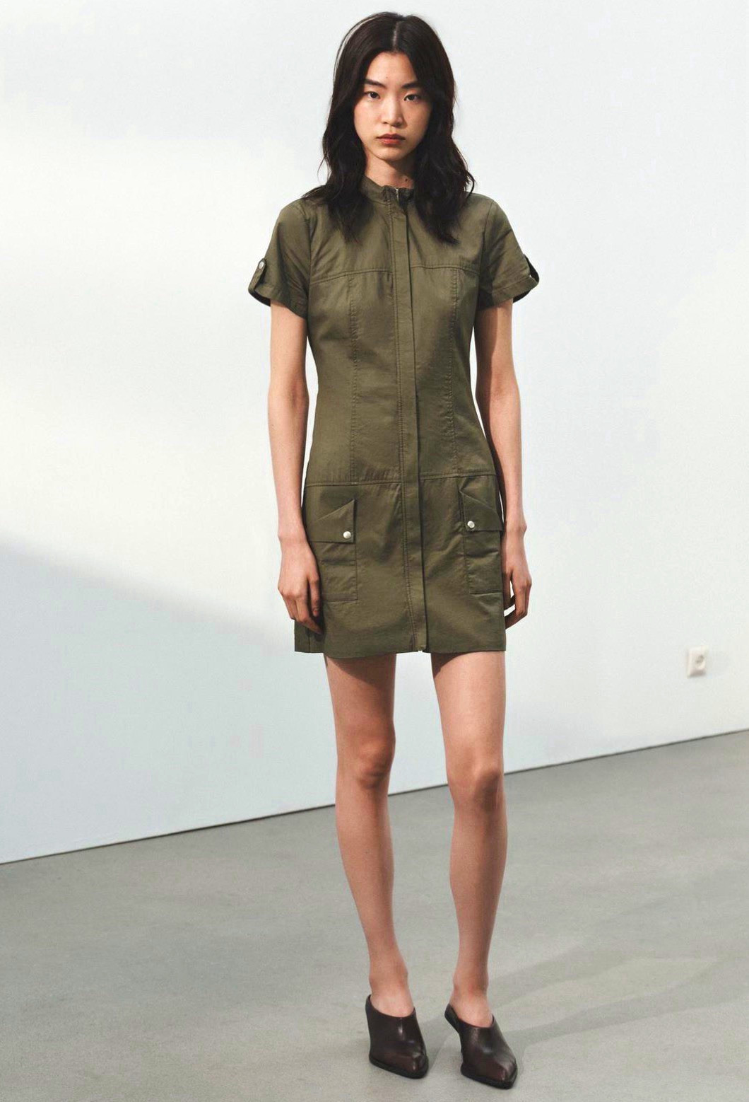 Zara Cotton Green Solid Shift Dress S Collared Zip Front Short Sleeve Pockets