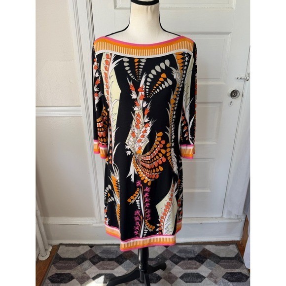 Ali Ro Boatneck Shift Dress Y2K Anthropologie 3/4 Sleeve Colorful Abstract Mod 8