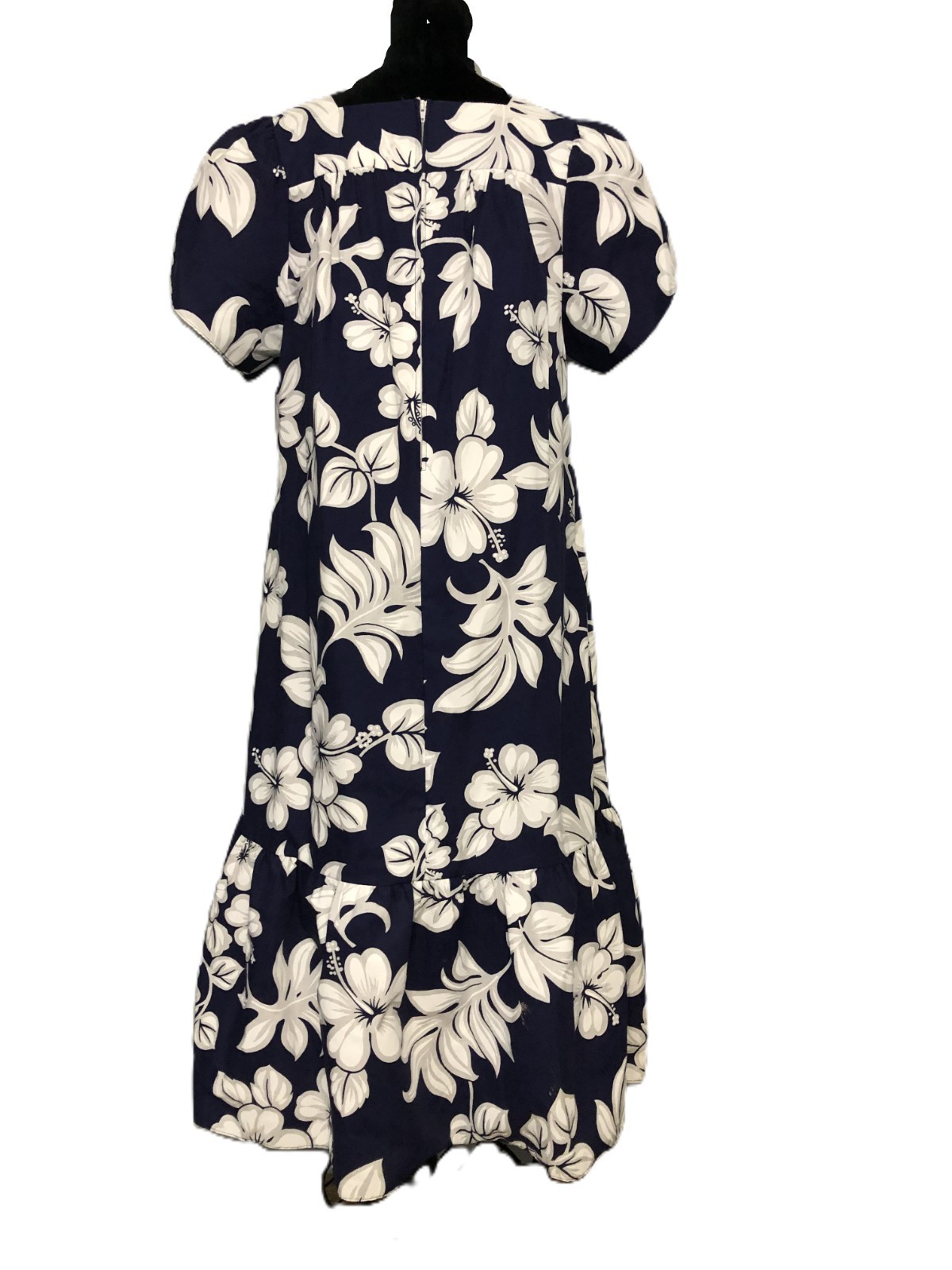 VTG Royal Creations M Navy Blue White Tropical Floral Hawaiian Muumuu Dress USA