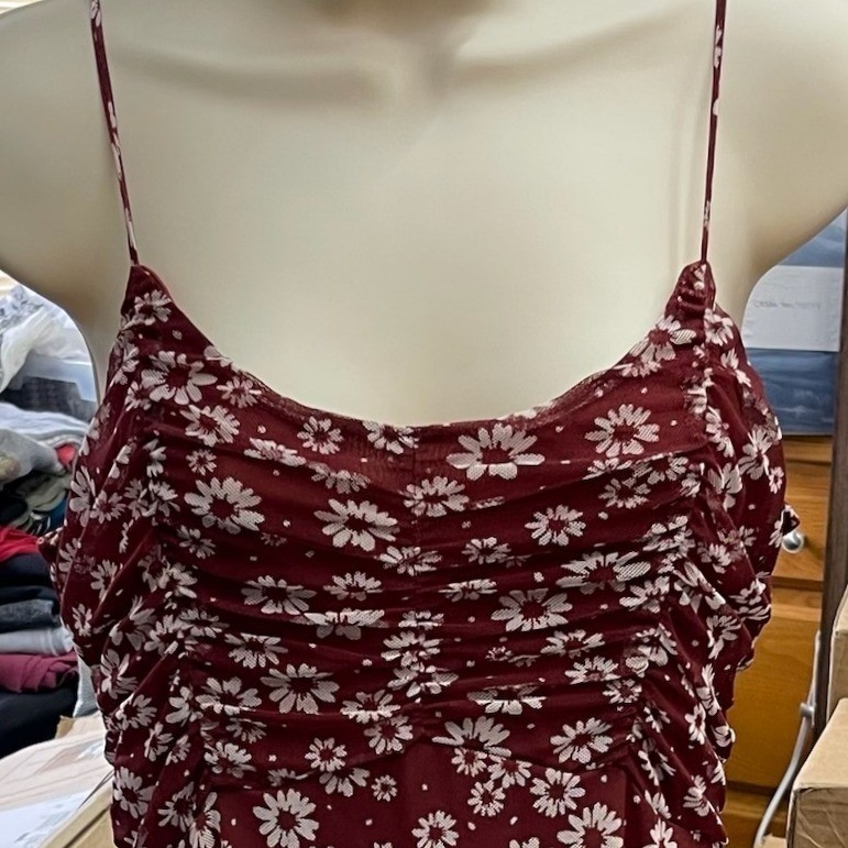Originality Burgundy Daisy Floral Ruched Mini Dress Womens Medium Made in USA