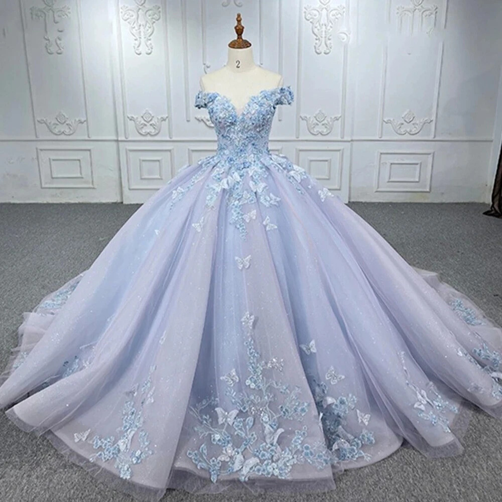 3D Butterfly Floral Light Blue Tulle Quinceanera Ball Gown Sweet 16 Custom Dress