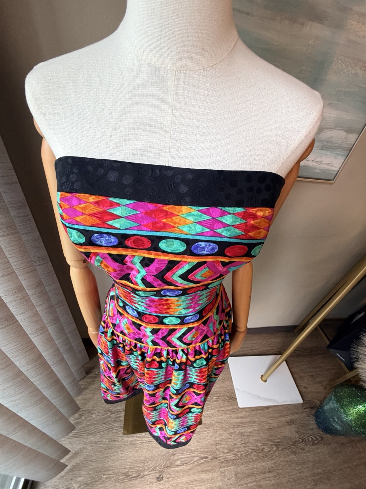 🌹 A.J. Bari Multicolor Silk Geometric Fit & Flare Strapless Knee Dress Size 12