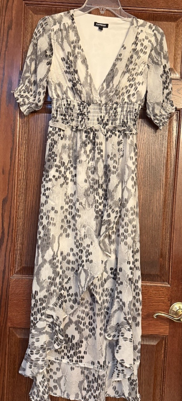 Express Snakeskin High-Low Chiffon Maxi Dress XS Smocked Waist Ruffle Python