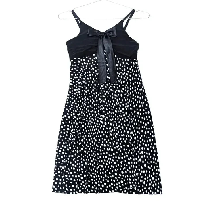 READ! Vintage Black & White Polka Dot Pin-Up Satin Bow Sleeveless Mini Dress
