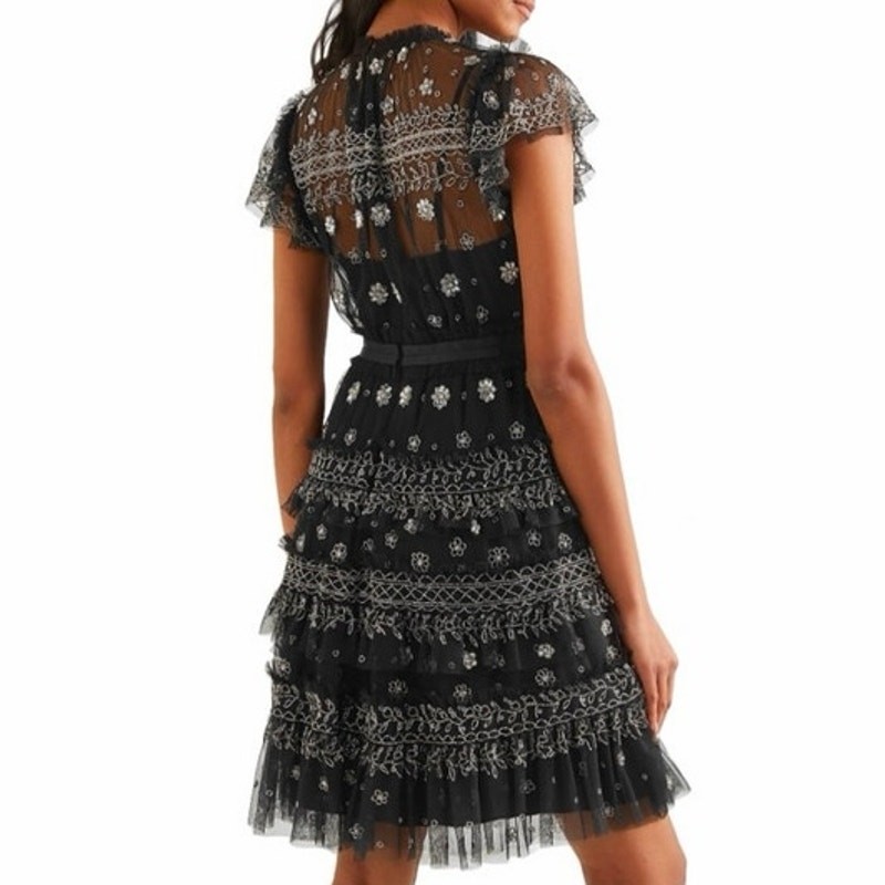 Needle & Thread Black Andromeda Embellished Tulle Mini Dress Black Sz US 8